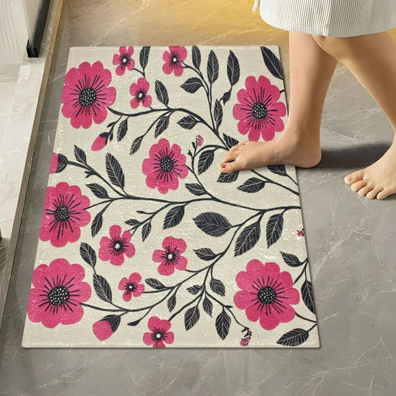 Yayeee Bath Rug for Bathroom Floor Non Slip Rectangle Fluffy Soft Absorbent Mat, 16"x24", Pink Flowers