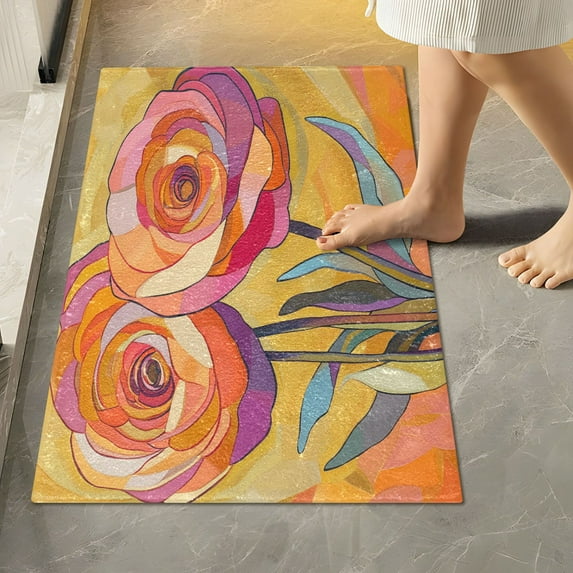 Yayeee Bath Rug for Bathroom Floor Non Slip Rectangle Fluffy Soft Absorbent Mat, 16"x24", Purple Abstract Floral