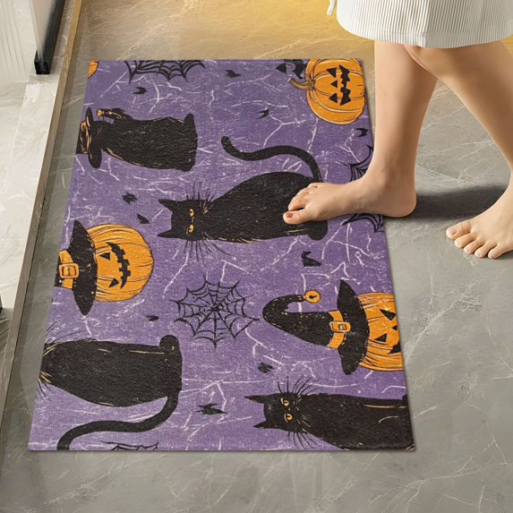 Yayeee Bath Rug for Bathroom Floor Non Slip Rectangle Fluffy Soft Absorbent Mat, 16"x24", Purple Halloween Black Cat