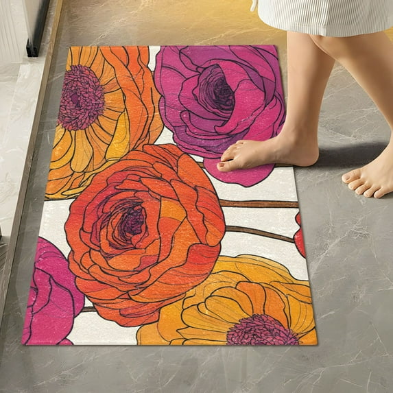 Yayeee Bath Rug for Bathroom Floor Non Slip Rectangle Fluffy Soft Absorbent Mat, 16"x24", Purple Hand Drawn Floral