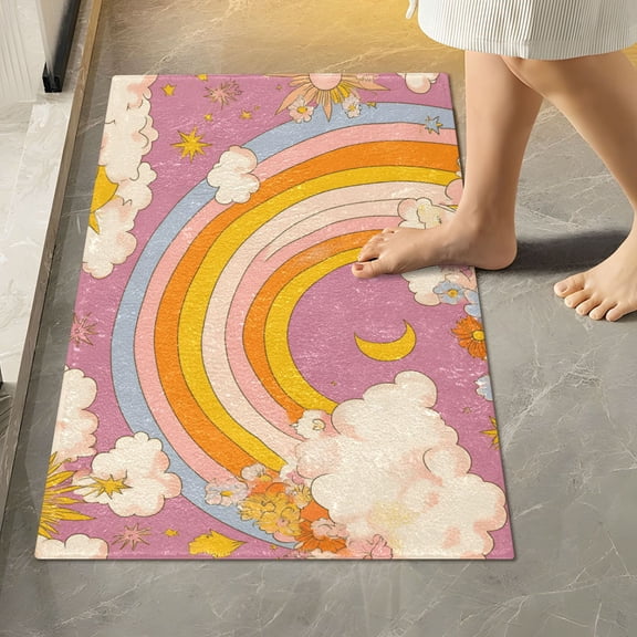 Yayeee Bath Rug for Bathroom Floor Non Slip Rectangle Fluffy Soft Absorbent Mat, 16"x24", Purple Retro Rainbow