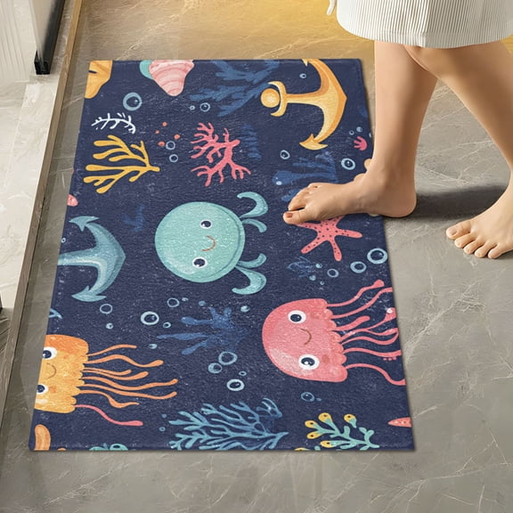 Yayeee Bath Rug for Bathroom Floor Non Slip Rectangle Fluffy Soft Absorbent Mat, 16"x24", Red Jellyfish