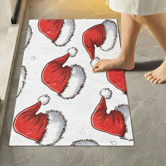 Yayeee Bath Rug for Bathroom Floor Non Slip Rectangle Fluffy Soft Absorbent Mat, 16"x24", Red Santa Hats Pattern