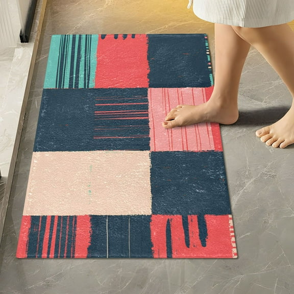 Yayeee Bath Rug for Bathroom Floor Non Slip Rectangle Fluffy Soft Absorbent Mat, 16"x24", Red Teal Plaid
