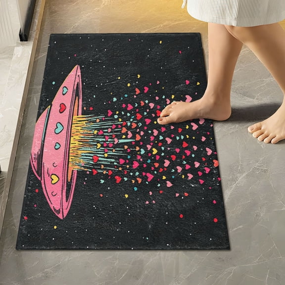Yayeee Bath Rug for Bathroom Floor Non Slip Rectangle Fluffy Soft Absorbent Mat, 16"x24", UFO with Hearts Pattern