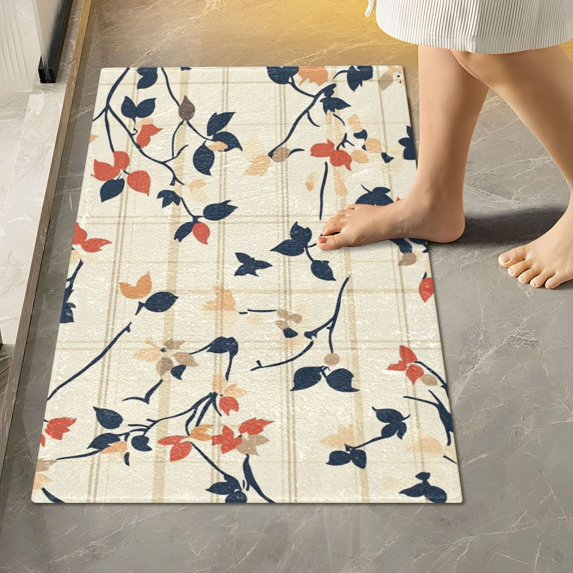 Yayeee Bath Rugs for Bathroom Floor Set of 2 Non Slip Fluffy Soft Absorbent Mat, Beige Leaves Plaid