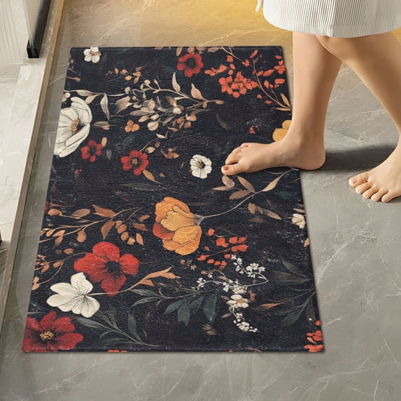 Yayeee Bath Rugs for Bathroom Floor Set of 2 Non Slip Fluffy Soft Absorbent Mat, Black Floral Pattern