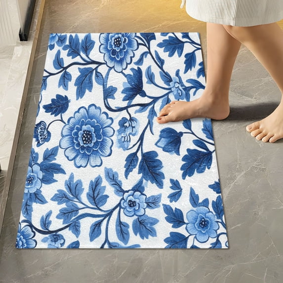 Yayeee Bath Rugs for Bathroom Floor Set of 2 Non Slip Fluffy Soft Absorbent Mat, Blue Floral Pattern