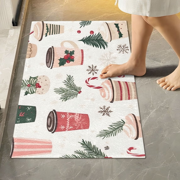 Yayeee Bath Rugs for Bathroom Floor Set of 2 Non Slip Fluffy Soft Absorbent Mat, Christmas Cups