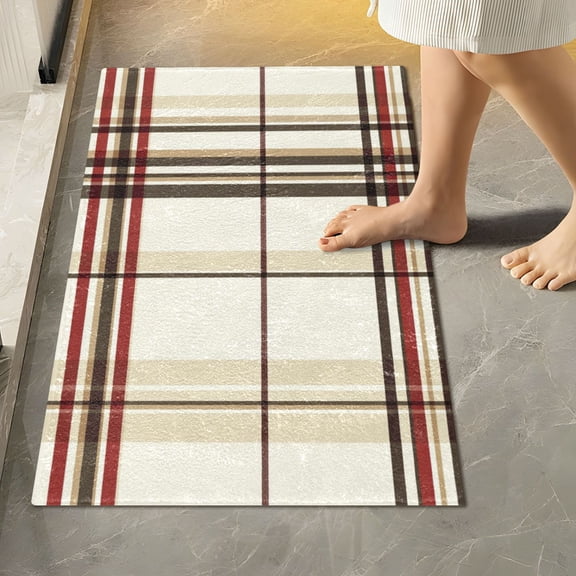 Yayeee Bath Rugs for Bathroom Floor Set of 2 Non Slip Fluffy Soft Absorbent Mat, Cream Plaid