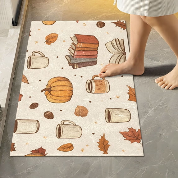 Yayeee Bath Rugs for Bathroom Floor Set of 2 Non Slip Fluffy Soft Absorbent Mat, Fall Beige Pumpkin
