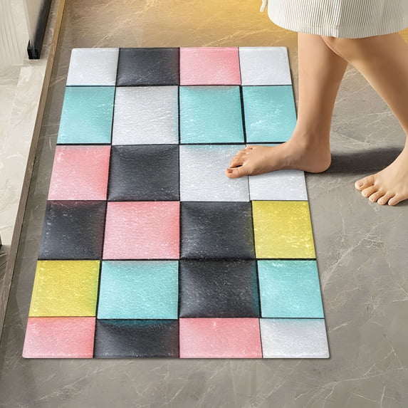Yayeee Bath Rugs for Bathroom Floor Set of 2 Non Slip Fluffy Soft Absorbent Mat, Gray Checkered Pattern