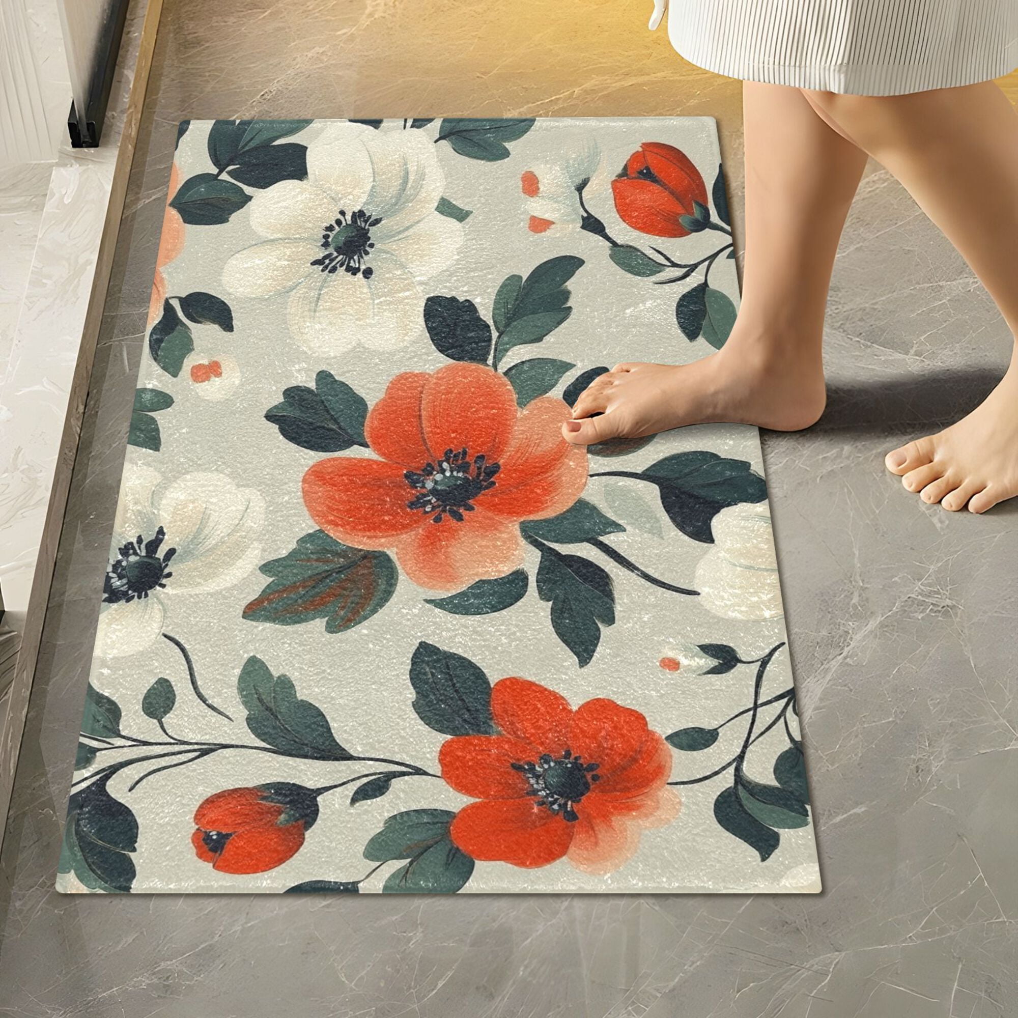 Yayeee Bath Rugs for Bathroom Floor Set of 2 Non Slip Fluffy Soft Absorbent Mat, Large Red Floral Pattern
