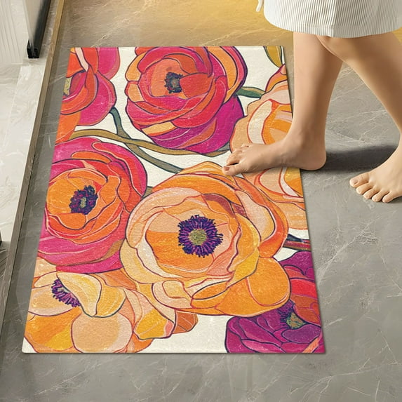 Yayeee Bath Rugs for Bathroom Floor Set of 2 Non Slip Fluffy Soft Absorbent Mat, Orange Hand Drawn Floral