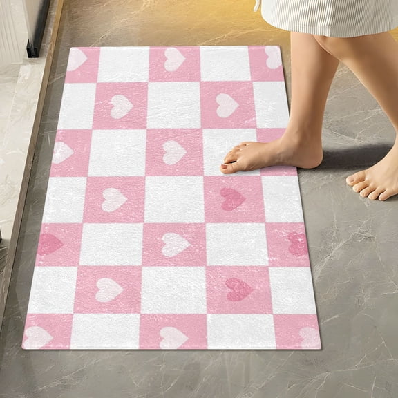 Yayeee Bath Rugs for Bathroom Floor Set of 2 Non Slip Fluffy Soft Absorbent Mat, Pink Checkered Heart