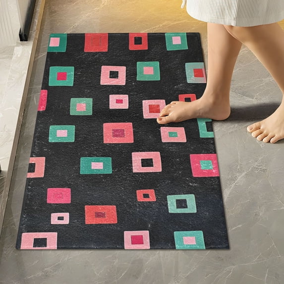 Yayeee Bath Rugs for Bathroom Floor Set of 2 Non Slip Fluffy Soft Absorbent Mat, Red Block Pattern