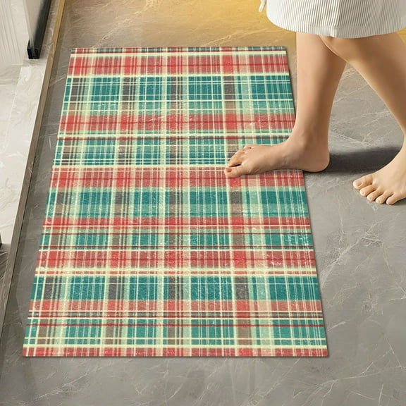 Yayeee Bath Rugs for Bathroom Floor Set of 2 Non Slip Fluffy Soft Absorbent Mat, Red Green Tartan Pattern