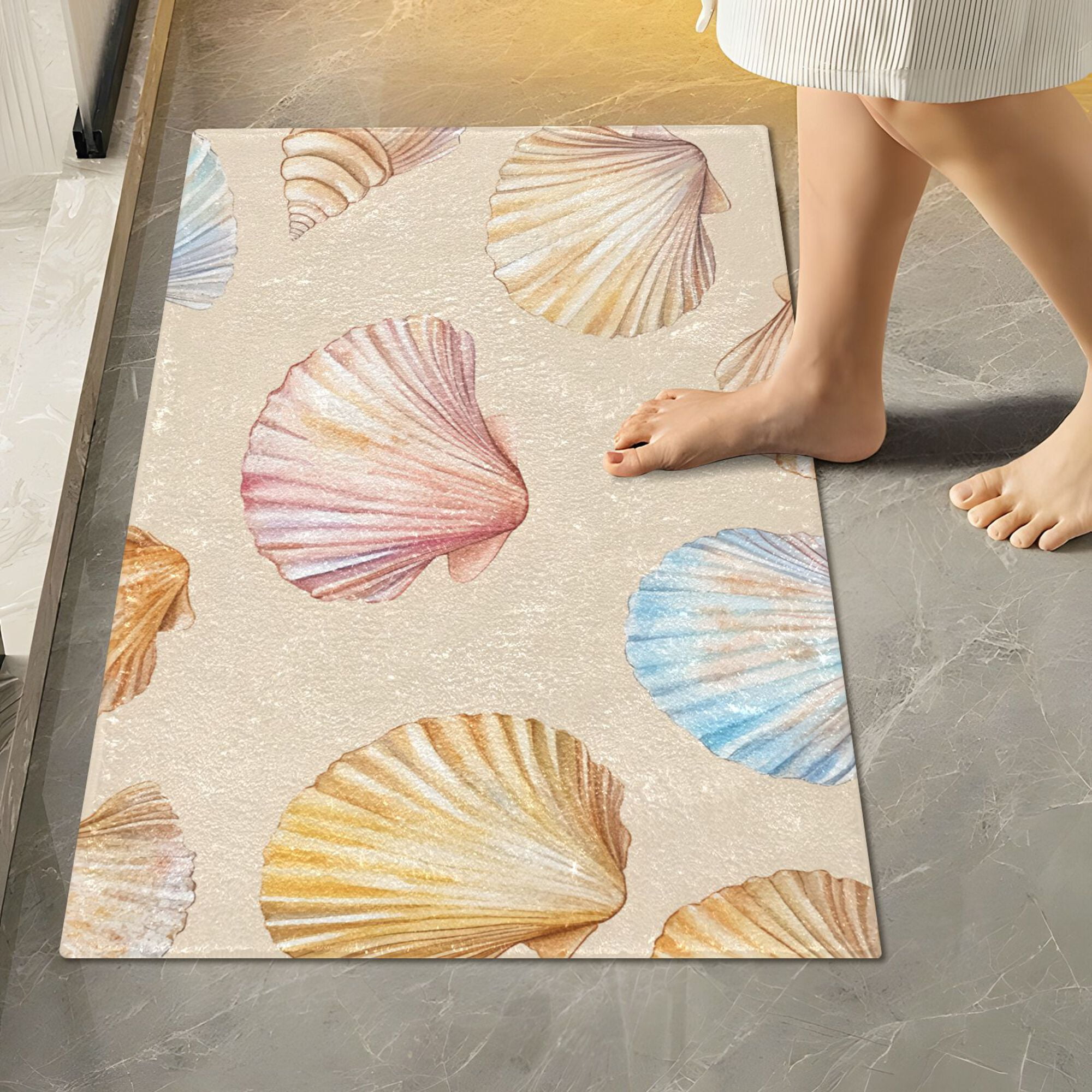 Yayeee Bath Rugs for Bathroom Floor Set of 2 Non Slip Fluffy Soft Absorbent Mat, Watercolor Seashell
