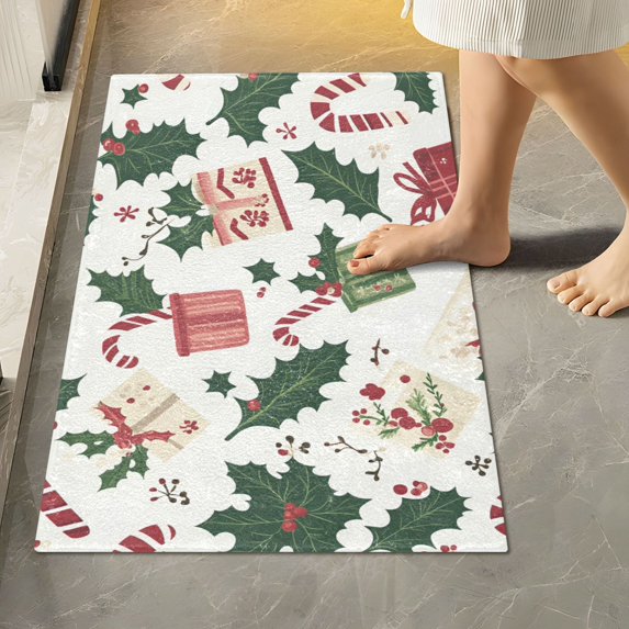 Yayeee Bath Rugs for Bathroom Floor Set of 2 Non Slip Fluffy Soft Absorbent Mat, White Christmas Holly