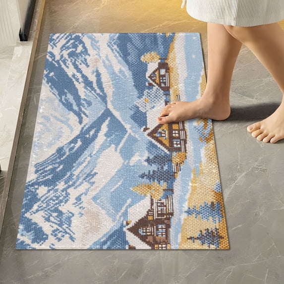 Yayeee Bath Rugs for Bathroom Floor Set of 2 Non Slip Fluffy Soft Absorbent Mat, Winter Mountain