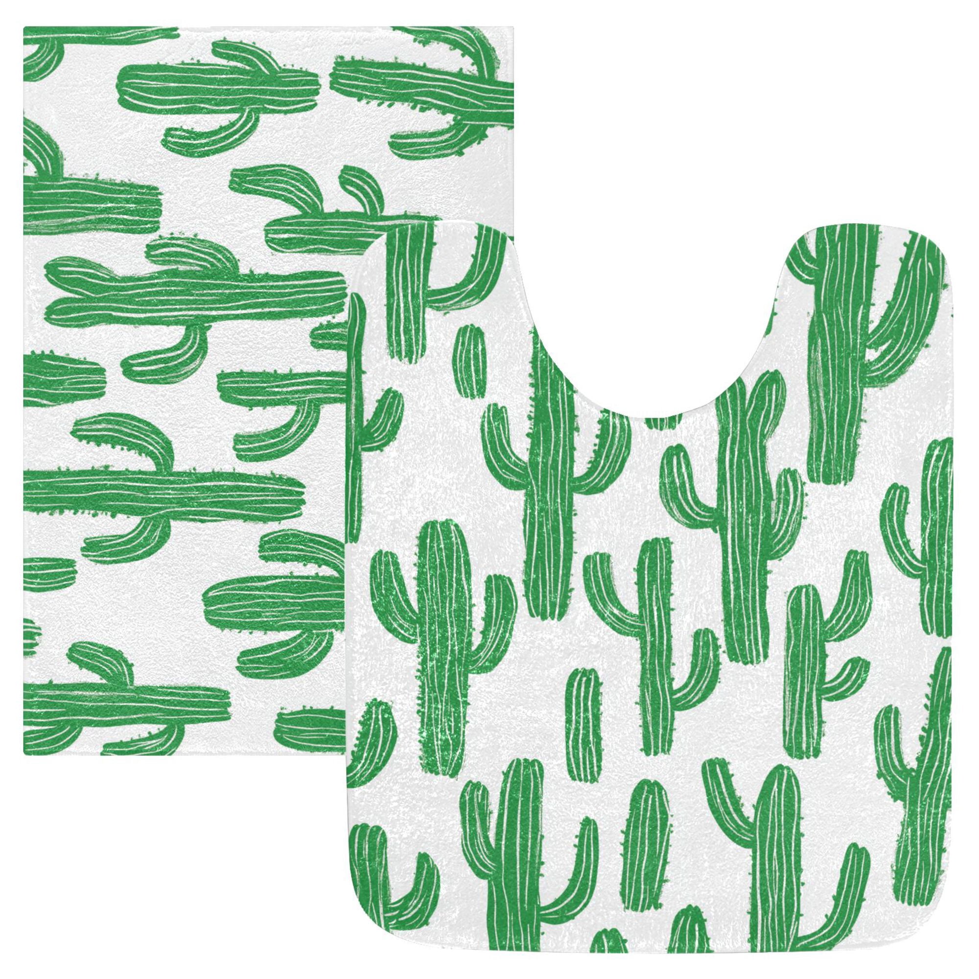 Yayeee Bath Rugs for Bathroom Floor Non Slip Non Skid Set of 2 Soft Absorbent Green Cactus Pattern Machine Washable Mat