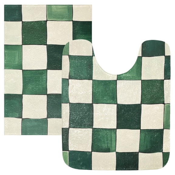 Yayeee Bath Rugs for Bathroom Floor Non Slip Non Skid Set of 2 Soft Absorbent Green and White Plaid Pattern Machine Washable Mat