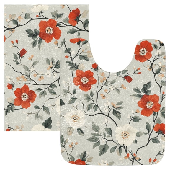 Yayeee Bath Rugs for Bathroom Floor Non Slip Non Skid Set of 2 Soft Absorbent Red and White Floral Pattern Machine Washable Mat