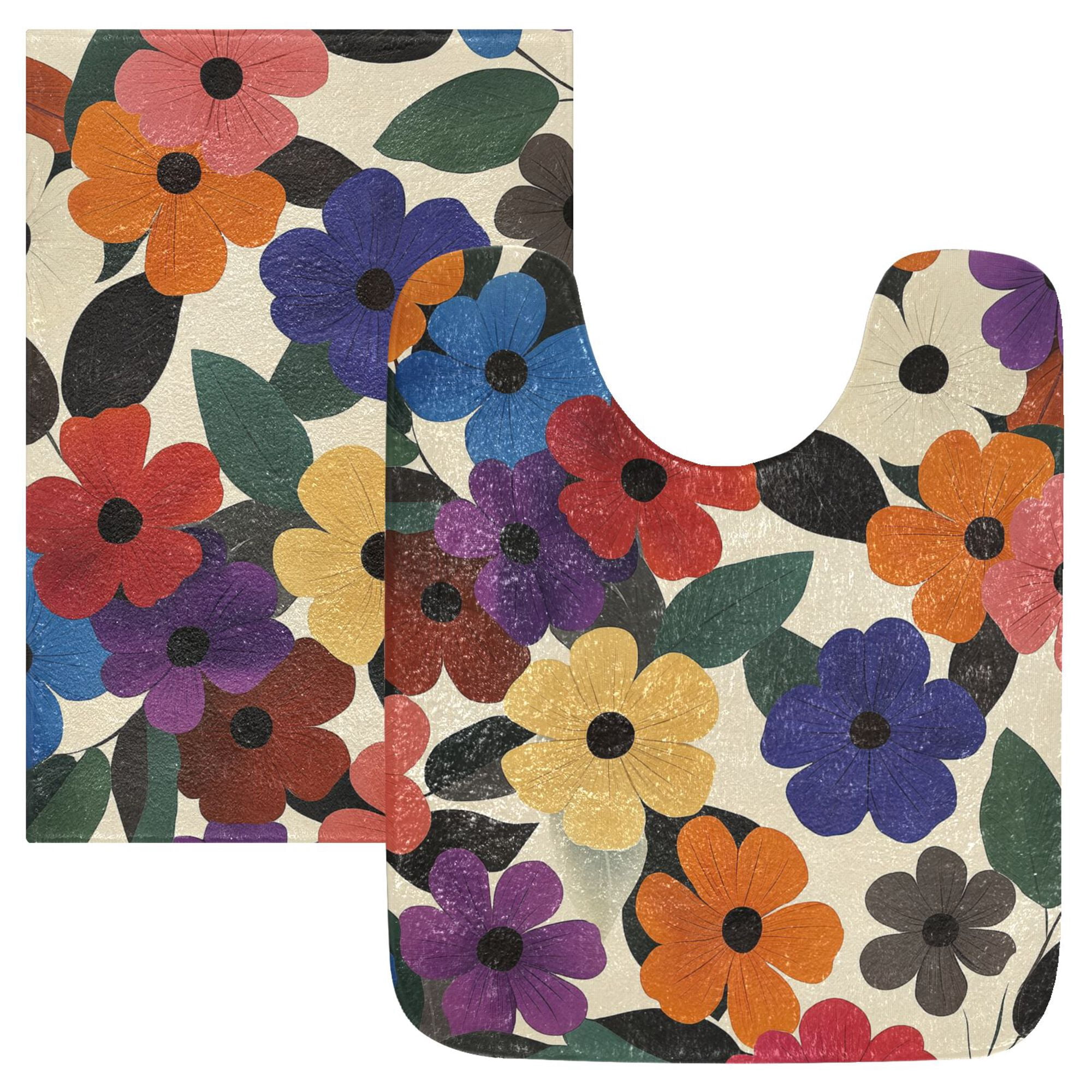 Yayeee Bath Rugs for Bathroom Floor Non Slip Non Skid Set of 2 Soft Absorbent Large Colorful Flowers Pattern Machine Washable Mat
