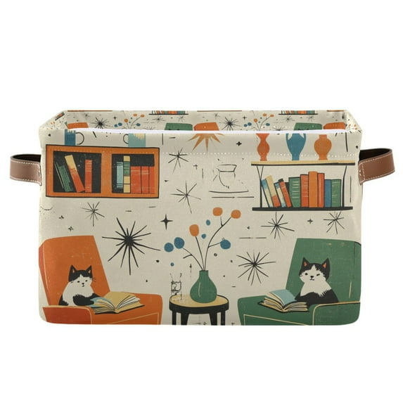 Yayeee Canvas Storage Basket with Handles for Shelves Fabric Bins Closet Organizer, Beige Cats Reading