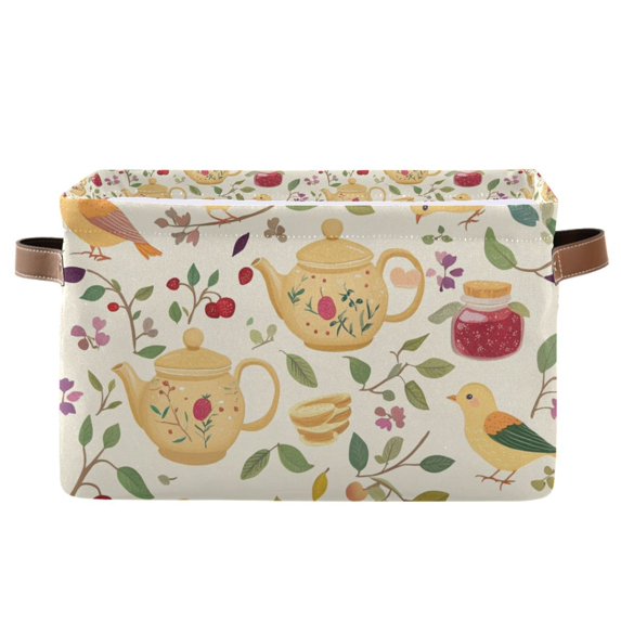 Yayeee Canvas Storage Basket with Handles for Shelves Fabric Bins Closet Organizer, Birds Tea Time