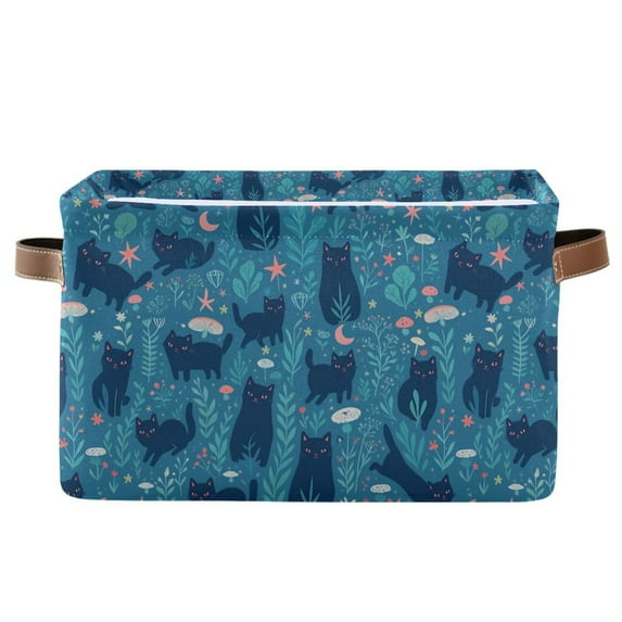 Yayeee Canvas Storage Basket with Handles for Shelves Fabric Bins Closet Organizer, Blue Forest Cat Pattern