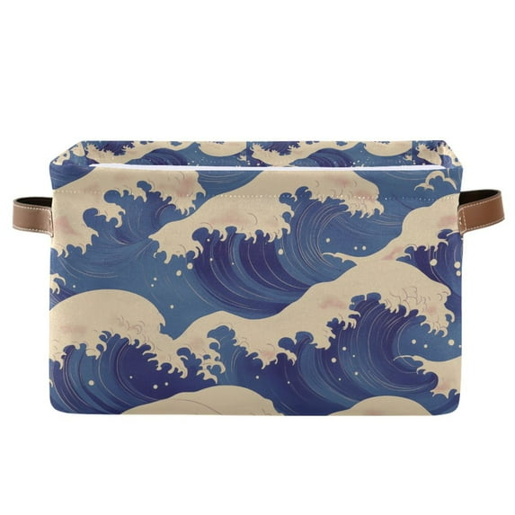 Yayeee Canvas Storage Basket with Handles for Shelves Fabric Bins Closet Organizer, Blue Wave Pattern
