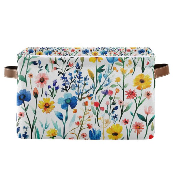 Yayeee Canvas Storage Basket with Handles for Shelves Fabric Bins Closet Organizer, Blue Wildflower Pattern