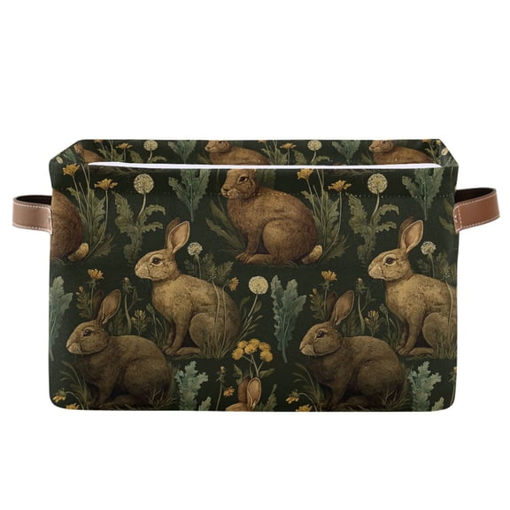 Yayeee Canvas Storage Basket with Handles for Shelves Fabric Bins Closet Organizer, Brown Floral Rabbits Pattern
