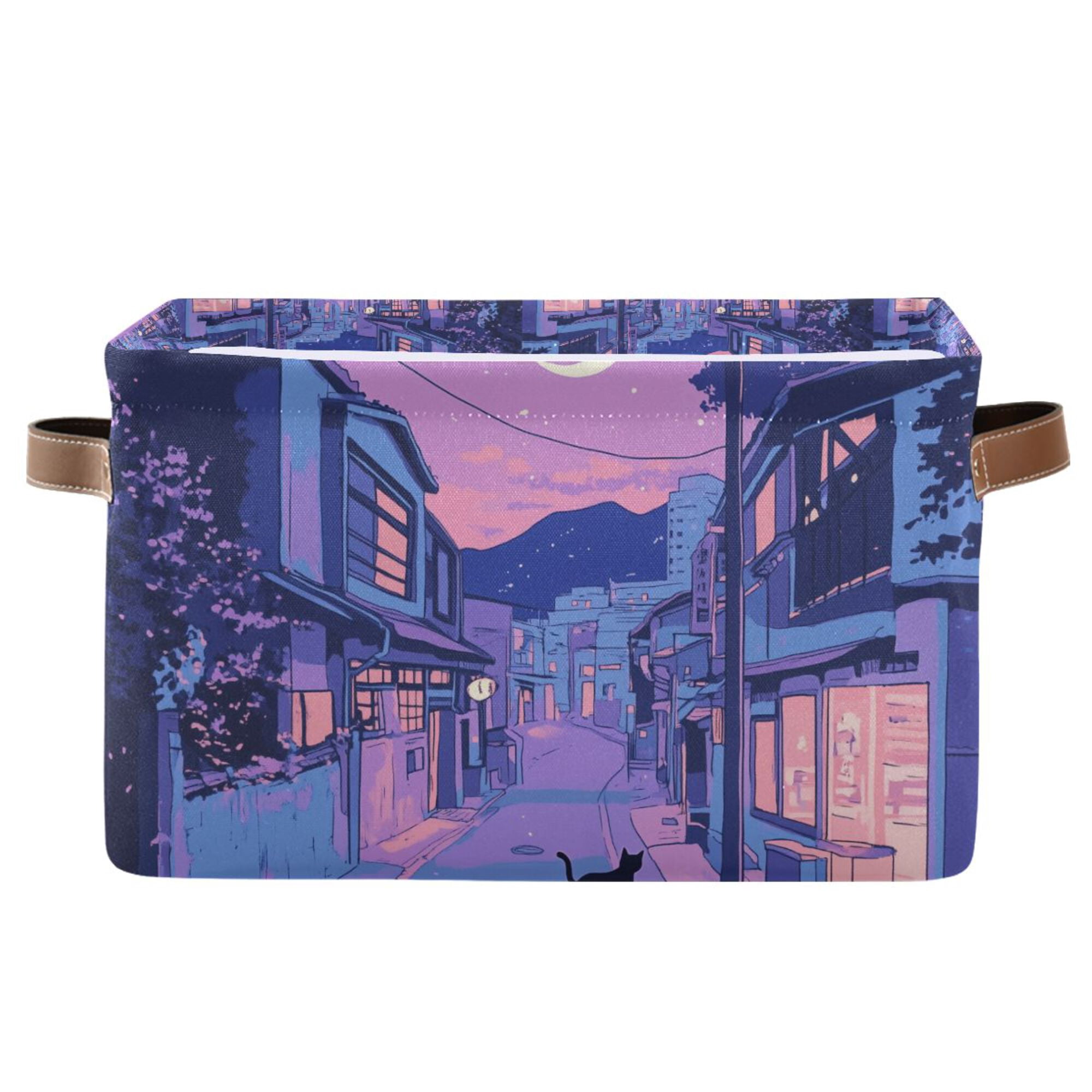 Yayeee Canvas Storage Basket with Handles for Shelves Fabric Bins Closet Organizer, Cat Walking in Street