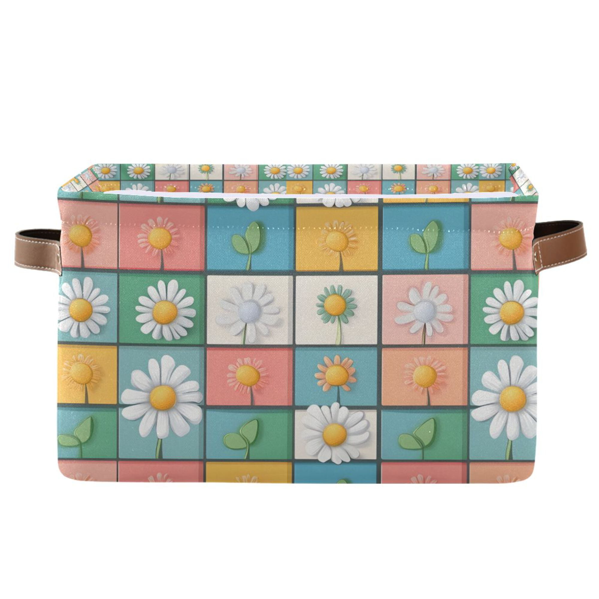 Yayeee Canvas Storage Basket with Handles for Shelves Fabric Bins Closet Organizer, Daisy Mosaic