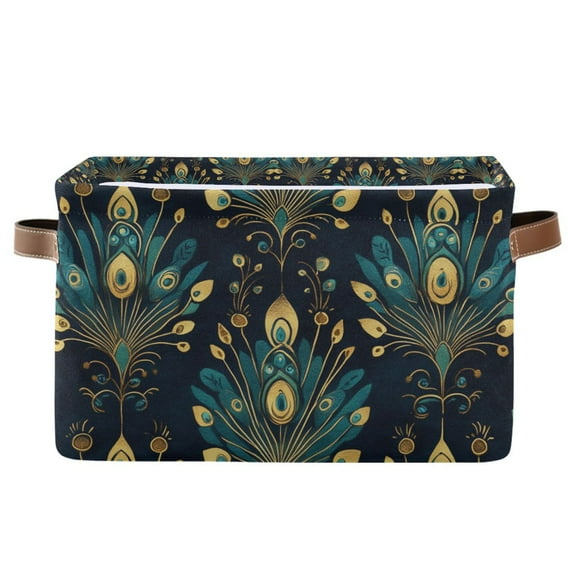 Yayeee Canvas Storage Basket with Handles for Shelves Fabric Bins Closet Organizer, Gold Peacock Pattern