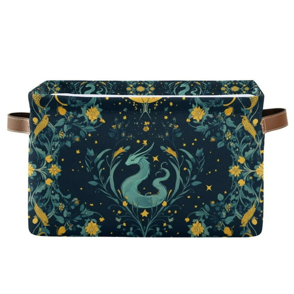Yayeee Canvas Storage Basket with Handles for Shelves Fabric Bins Closet Organizer, Green Dragon Flowers