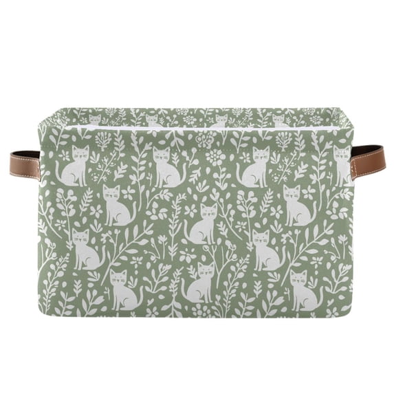 Yayeee Canvas Storage Basket with Handles for Shelves Fabric Bins Closet Organizer, Green Floral Cat Pattern