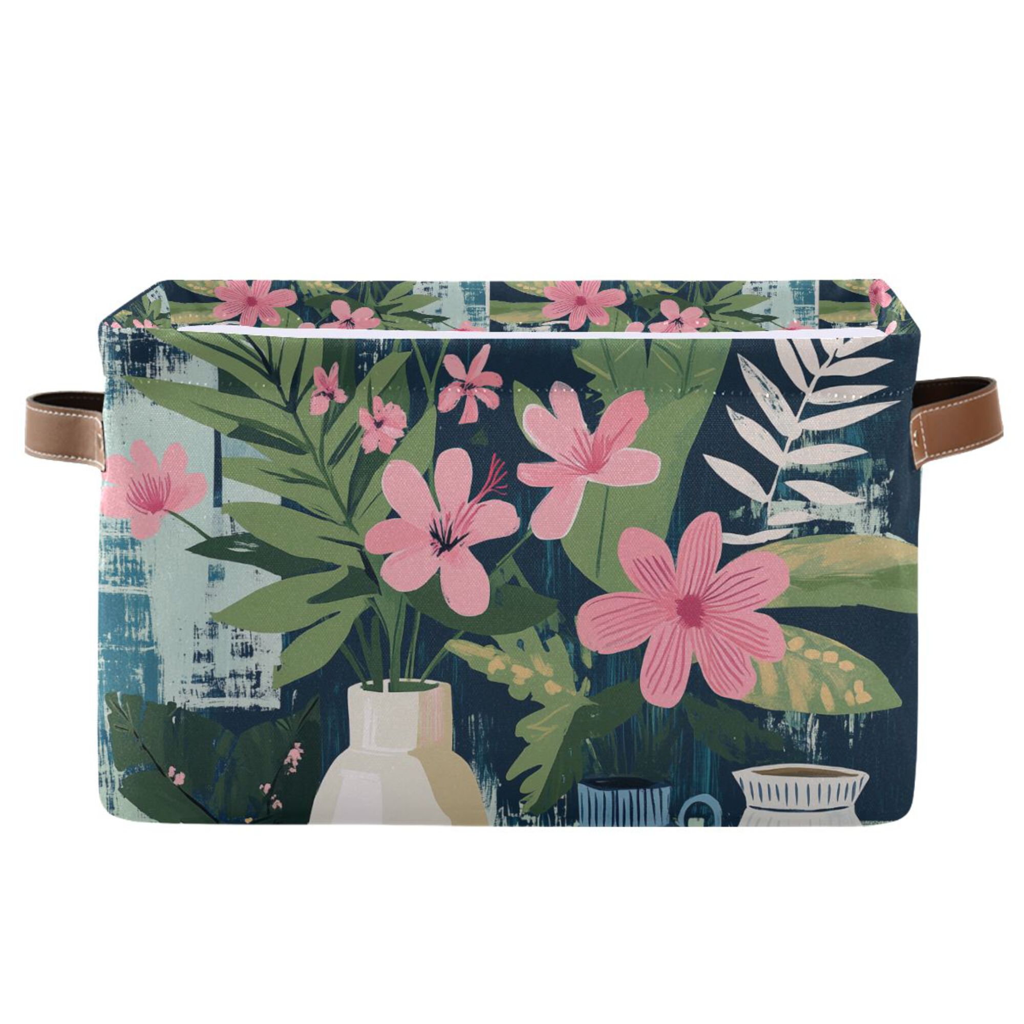Yayeee Canvas Storage Basket with Handles for Shelves Fabric Bins Closet Organizer, Green Floral