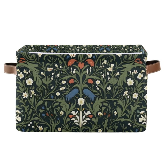 Yayeee Canvas Storage Basket with Handles for Shelves Fabric Bins Closet Organizer, Green Flowers Pattern