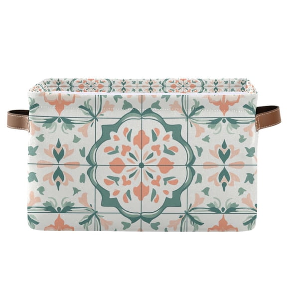Yayeee Canvas Storage Basket with Handles for Shelves Fabric Bins Closet Organizer, Green Geometric Pattern