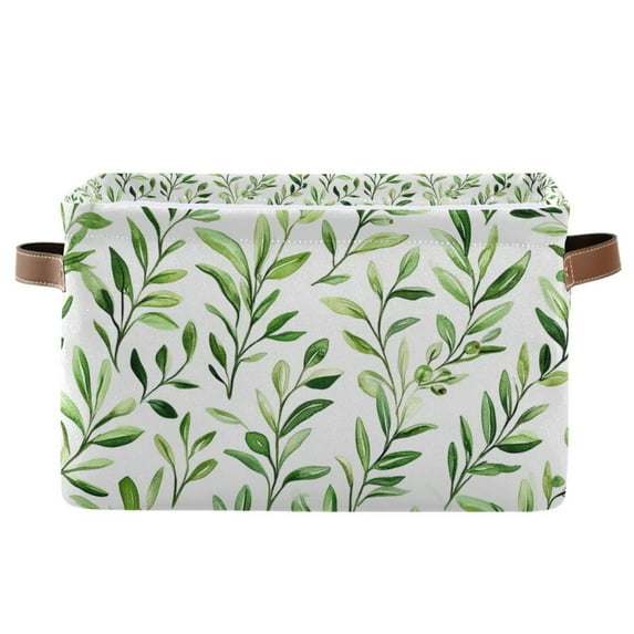 Yayeee Canvas Storage Basket with Handles for Shelves Fabric Bins Closet Organizer, Green Leafy Pattern