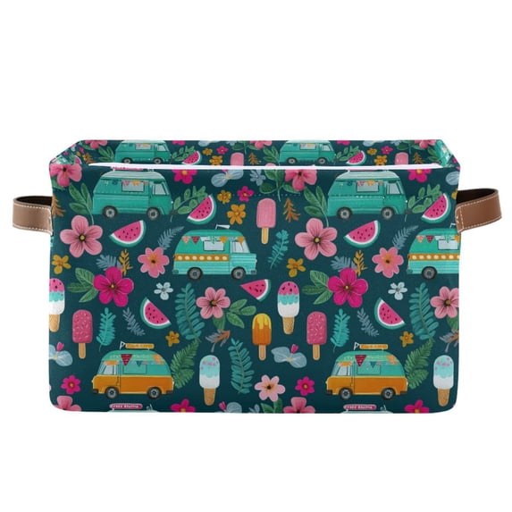 Yayeee Canvas Storage Basket with Handles for Shelves Fabric Bins Closet Organizer, Green Vibrant Truck Pattern