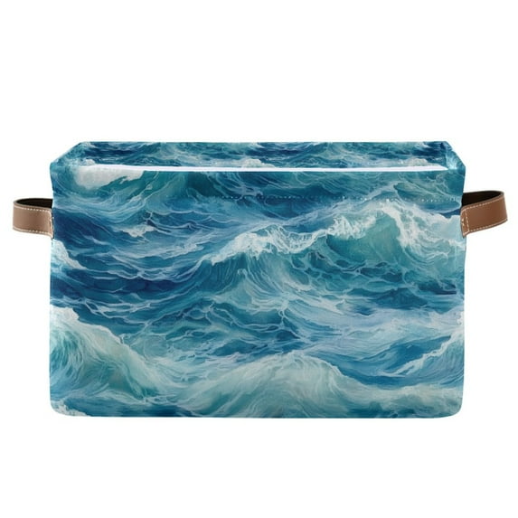 Yayeee Canvas Storage Basket with Handles for Shelves Fabric Bins Closet Organizer, Green Watercolor Ocean Waves