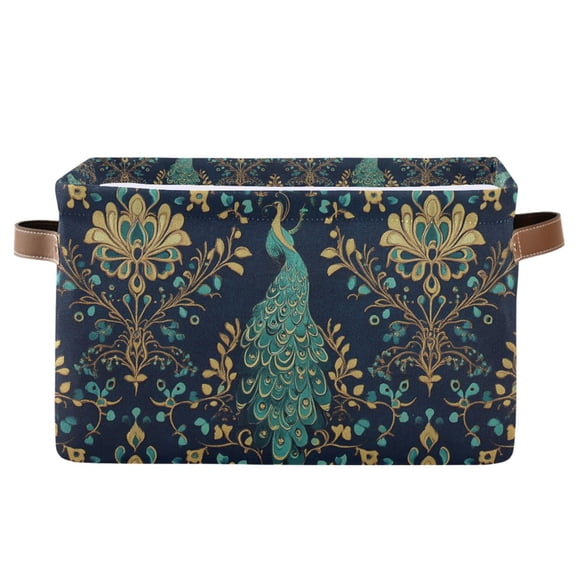 Yayeee Canvas Storage Basket with Handles for Shelves Fabric Bins Closet Organizer, Navy Blue Peacock Pattern