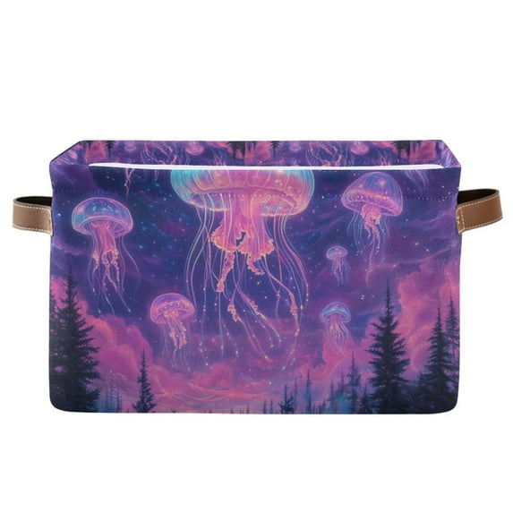 Yayeee Canvas Storage Basket with Handles for Shelves Fabric Bins Closet Organizer, Neon Jellyfish