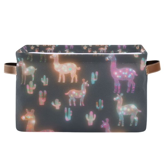 Yayeee Canvas Storage Basket with Handles for Shelves Fabric Bins Closet Organizer, Neon Llamas Pattern