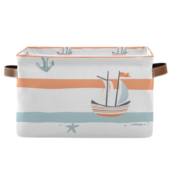 Yayeee Canvas Storage Basket with Handles for Shelves Fabric Bins Closet Organizer, Orange Nautical Pattern