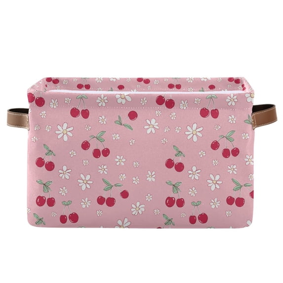 Yayeee Canvas Storage Basket with Handles for Shelves Fabric Bins Closet Organizer, Pink Cute Cherry Pattern